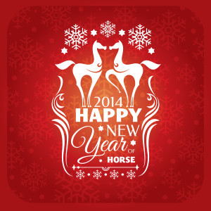 new year card with horses and snowflakes